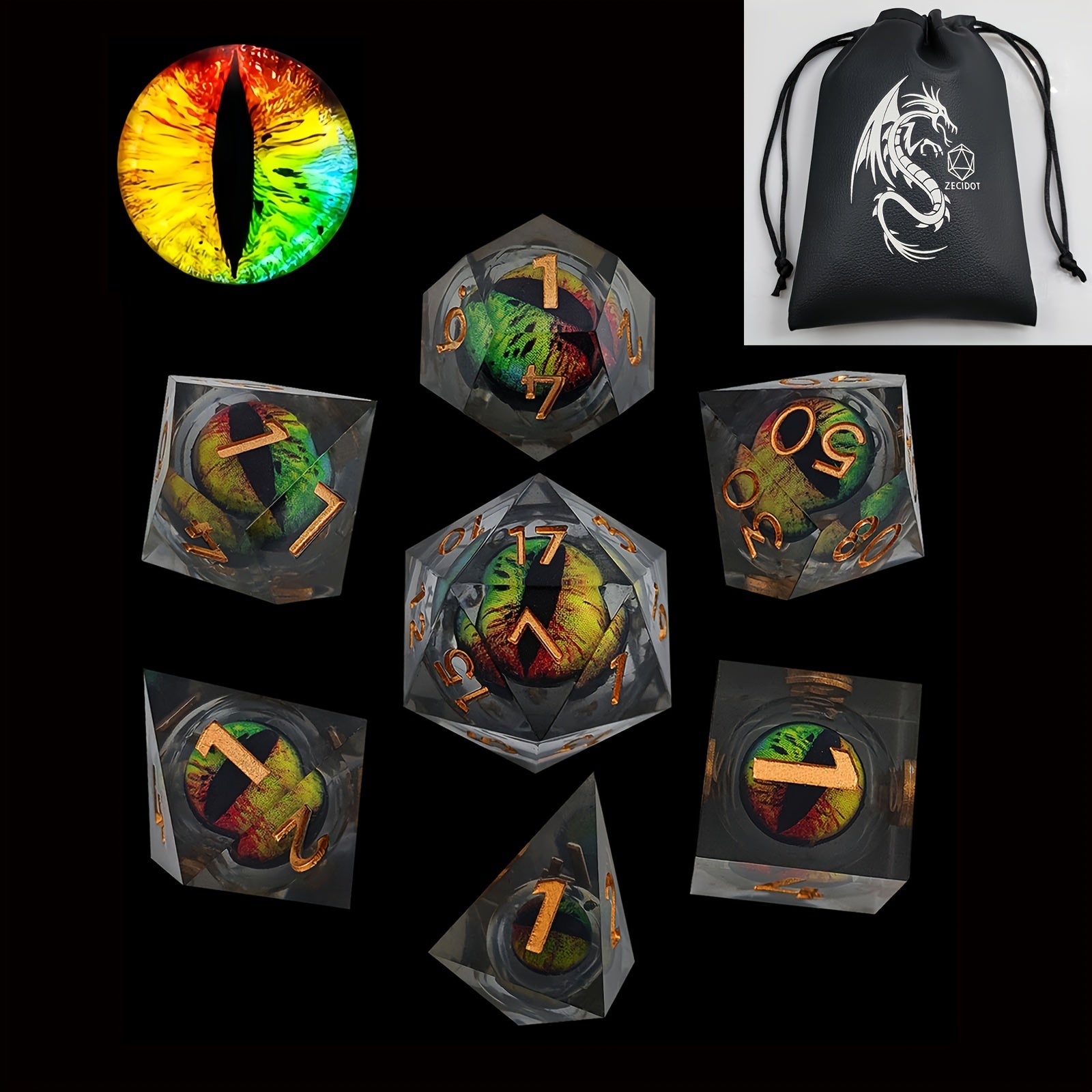 Dragon's Eye Resin Dice Set With Dragon Leather Pouch