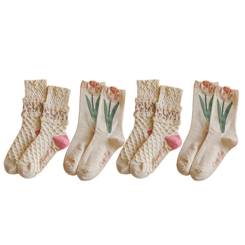 4 Pairs Floral Socks Set Women Flower Ankle Lucky Socks