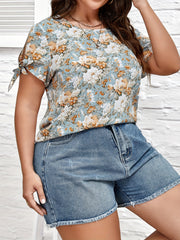 Casual Blouse Women's Plus Floral Print Bow Knot Top