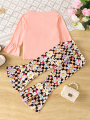 Toddler Girl's Floral Outfit 2pcs Trumpet Sleeve Top & Checkerboard Flared Pants
