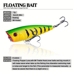 6pcs 7g Popper Lure Topwater Hard Bait Fishing Tackle
