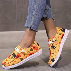 Scary Cat Pumpkin Print Slip On Sneakers Lightweight Comfortable Boat Shoes