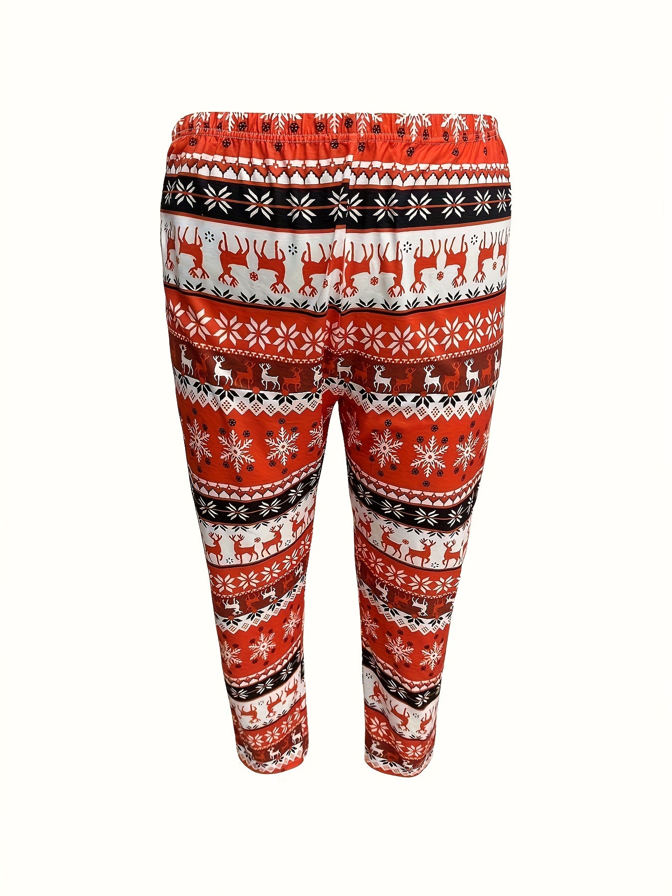 Christmas Casual Loungewear Set with Elk & Snowflake Print Tee & Pants