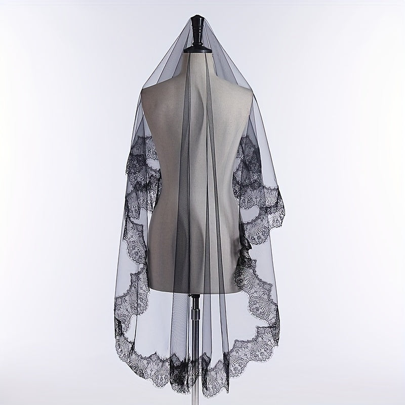 Sheer Bridal Veil with Lace Detailing and Comb