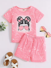 2pcs Toddler Girls Tie Dye Bow Figure Graphic T Shirts & Shorts Set