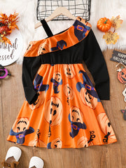 Cartoon Pumpkin Print One Shoulder Halloween Dress
