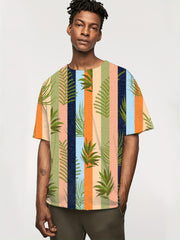 Stripe & Leaf Print Men's Graphic T-shirt for Summer