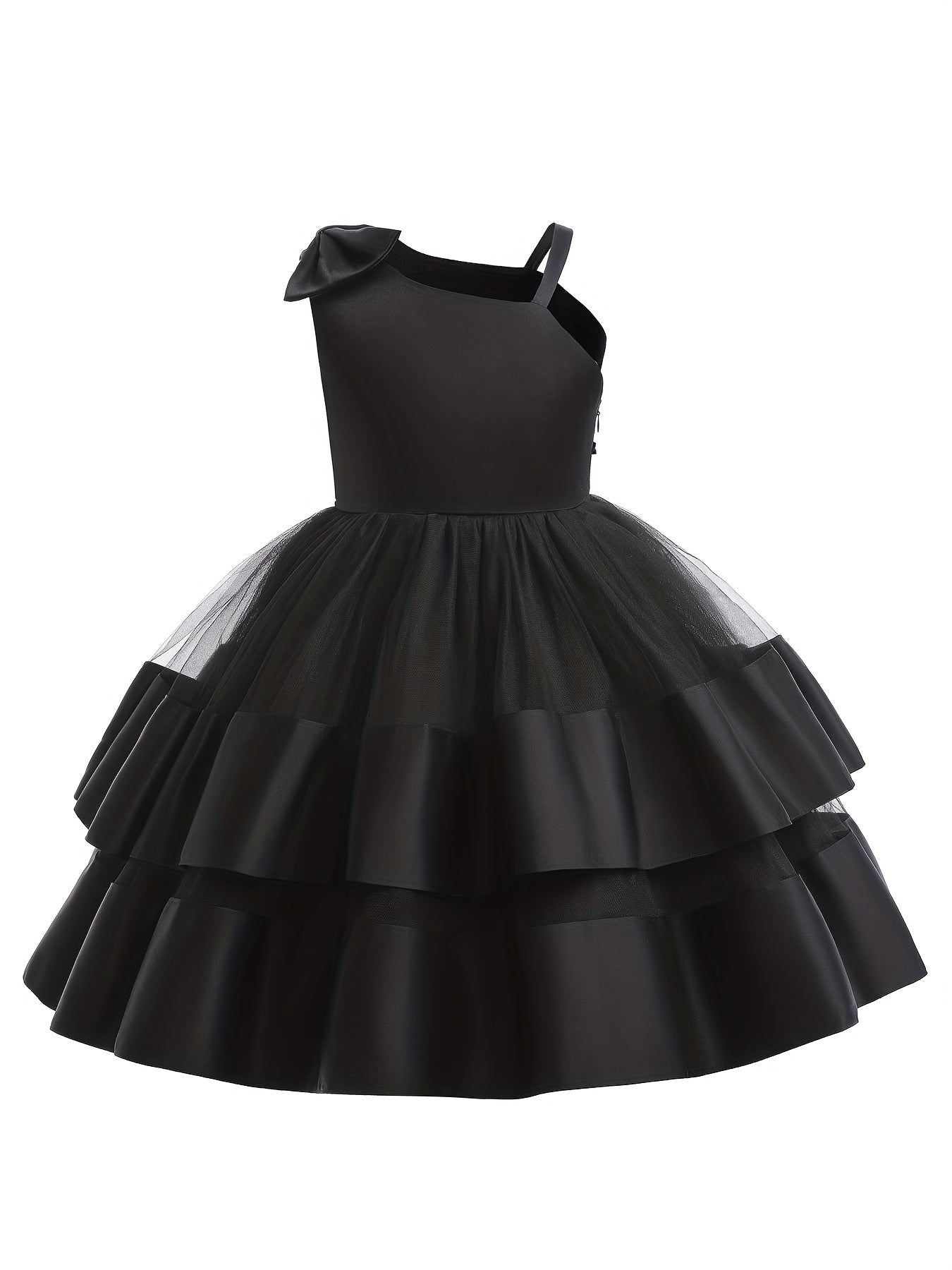 Girls Satin Stitch Tulle Princess Dress with Bow - Special Occasions