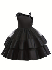 Girls Satin Stitch Tulle Princess Dress with Bow - Special Occasions