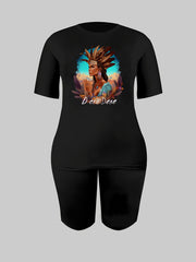 Ethnic Figure Print Short Sleeve T shirt & Shorts Set Women's Clothing