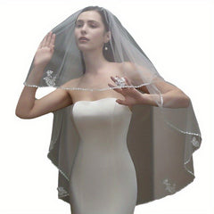 Princess Style Sheer Tulle Bridal Veil with Floral Embellishments