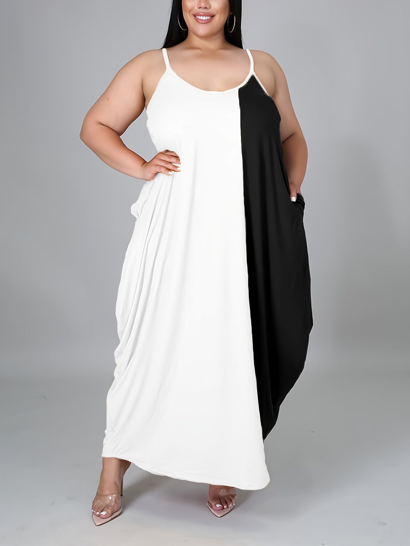 Plus Size Colorblock Cami Maxi Dress With Pockets