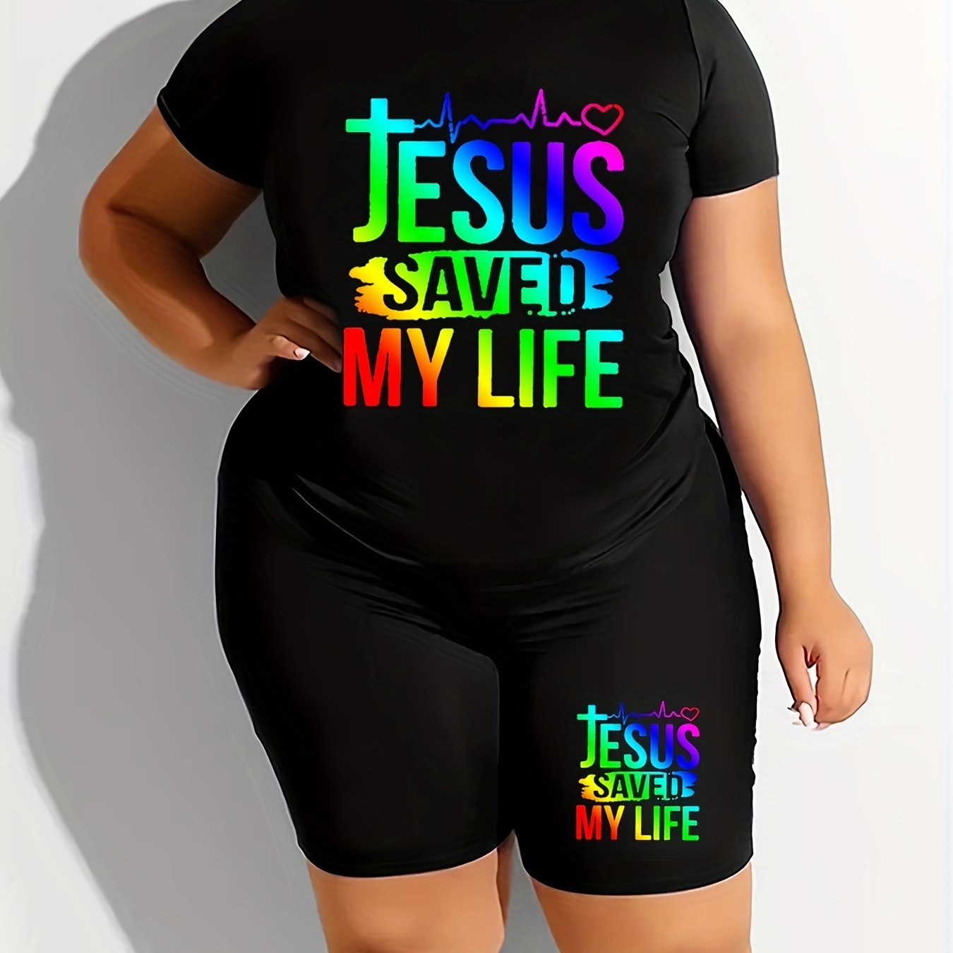 2 Piece Set Women's Letter Print Tee & Shorts Outfit