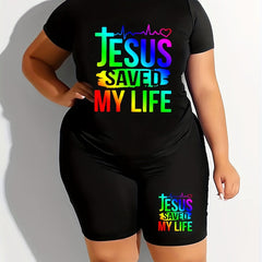 2 Piece Set Women's Letter Print Tee & Shorts Outfit
