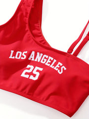 3pc Girls Splicing Letter Print Swimsuit Comfy Bathing Suit