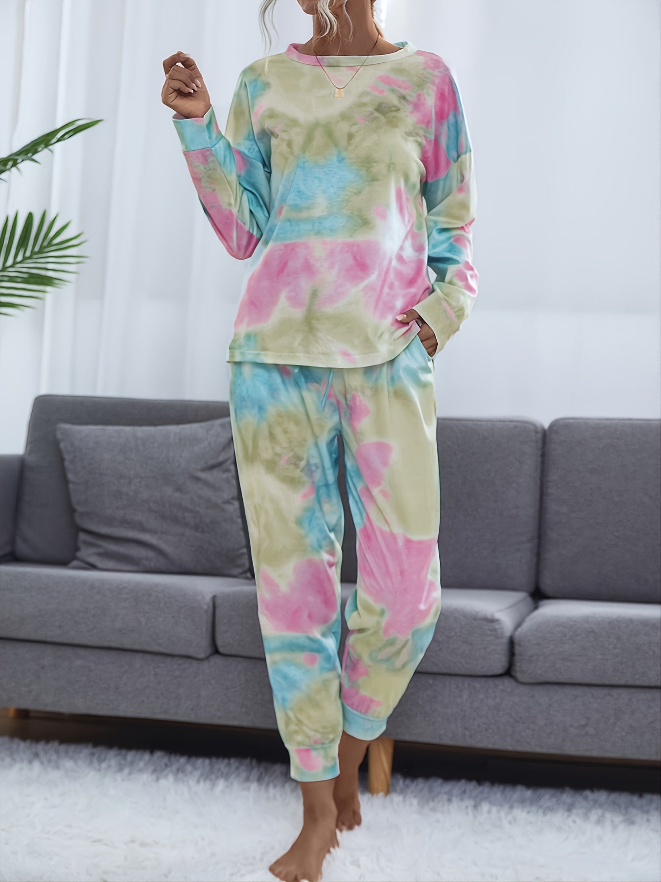 Tie Dye Print Lounge Set Long Sleeve Crew Neck Top & Elastic Waistband Pants
