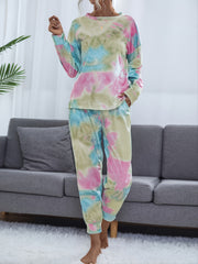 Tie Dye Print Lounge Set Long Sleeve Crew Neck Top & Elastic Waistband Pants