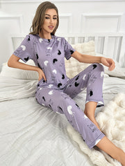 Heart Print Pajama Set Short Sleeve Crew Neck Top & Elastic Waistband Pants