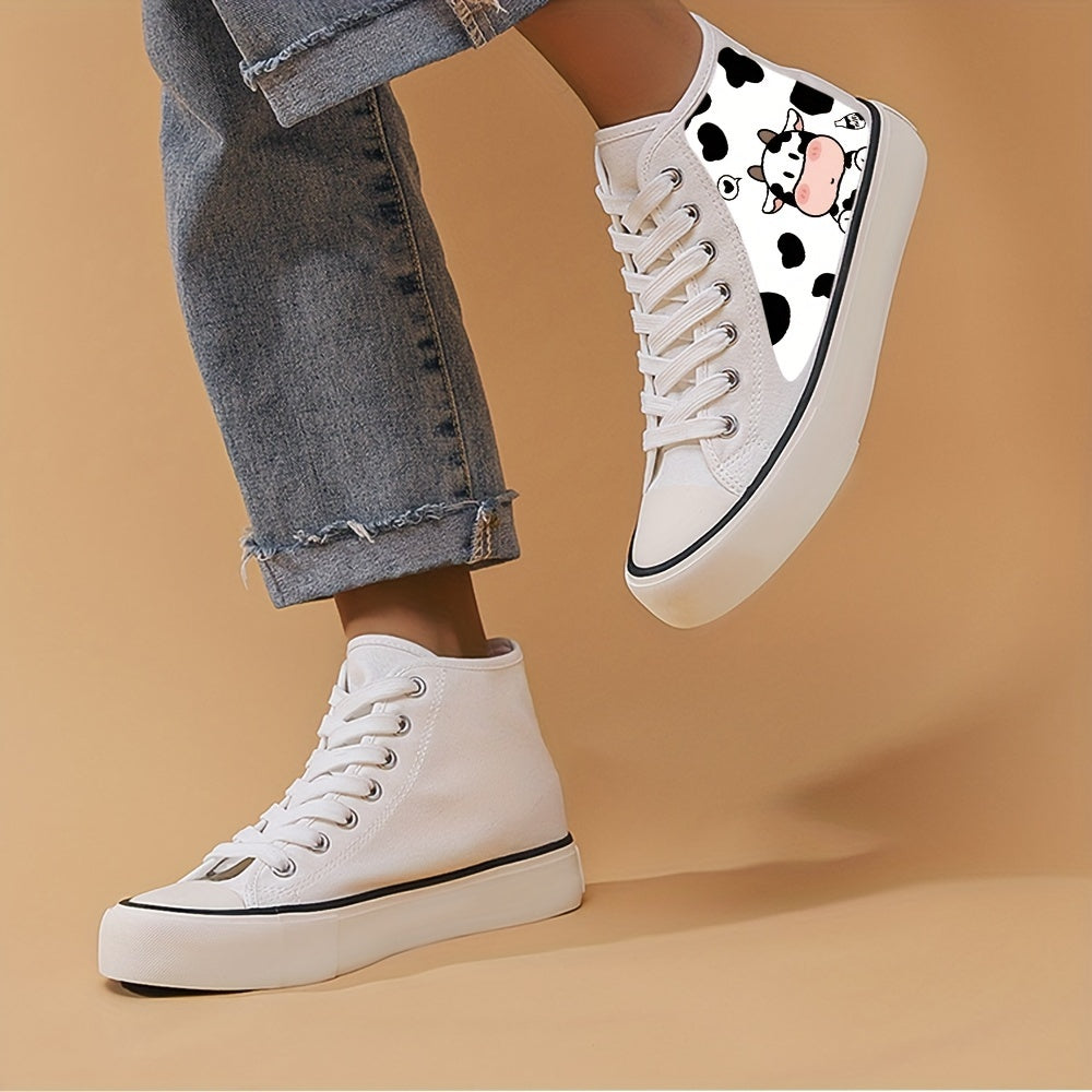 Cow Print High Top Canvas Sneakers Lace Up Skate Shoes