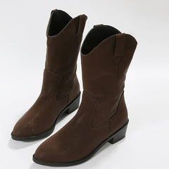 Women's V Cut Mid Calf Boots Slip On Block Heel Cowgirl Boots