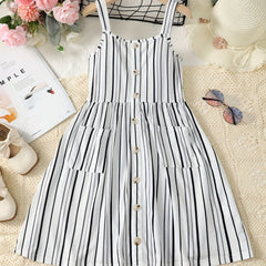 Girls Striped Button Front Summer Cami Dress with Pockets