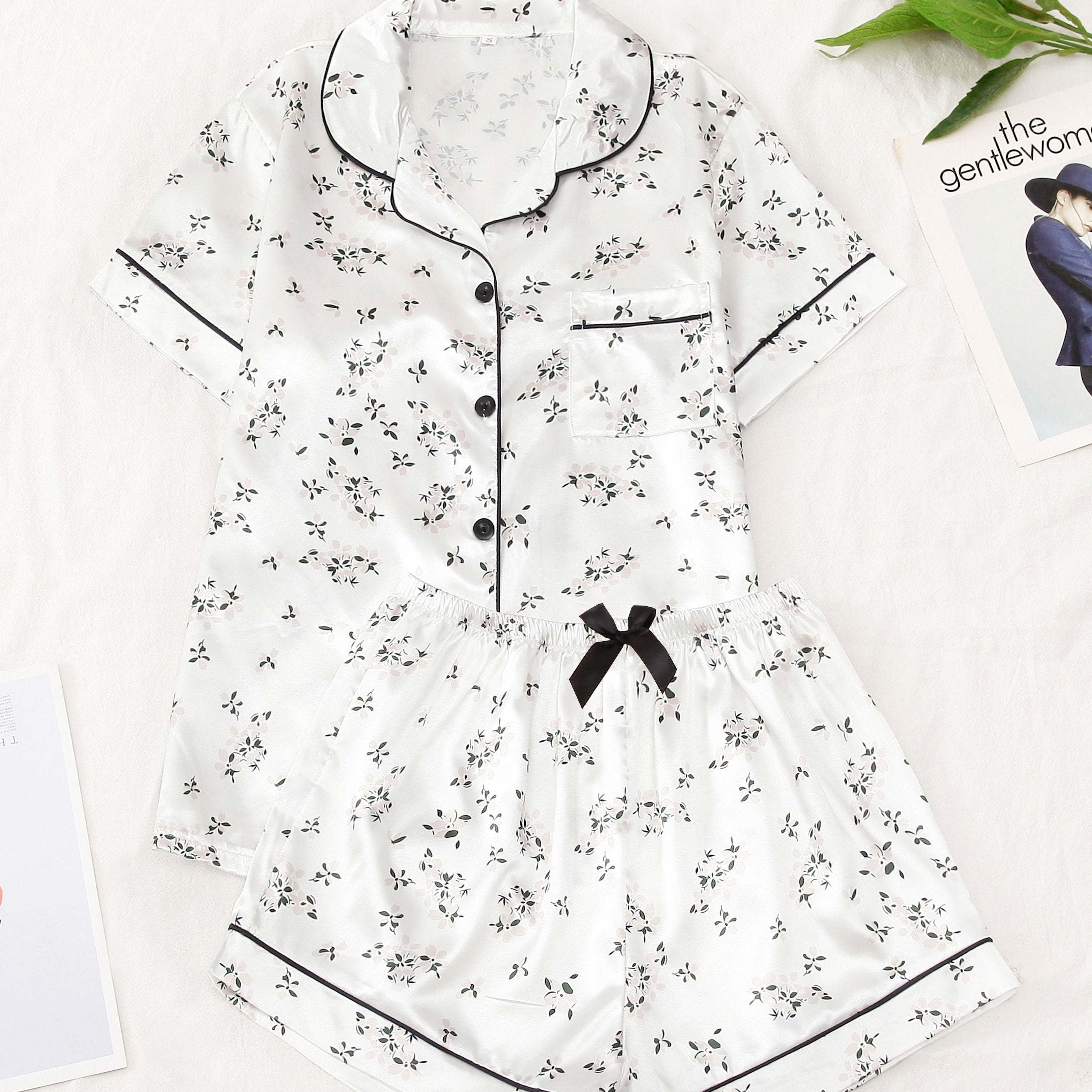 Flower Print Satin Pajama Set Comfy Short Sleeve Pocket Lapel Top & Bow Shorts