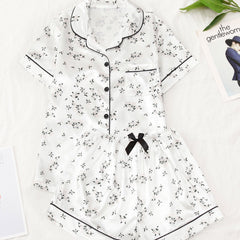 Flower Print Satin Pajama Set Comfy Short Sleeve Pocket Lapel Top & Bow Shorts
