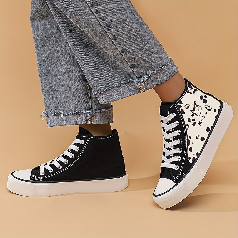 Cow Print Chunky Canvas Sneakers High Top Skate Shoes
