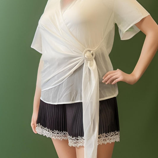 Sheer Mesh Wrap Top with Lapel Collar