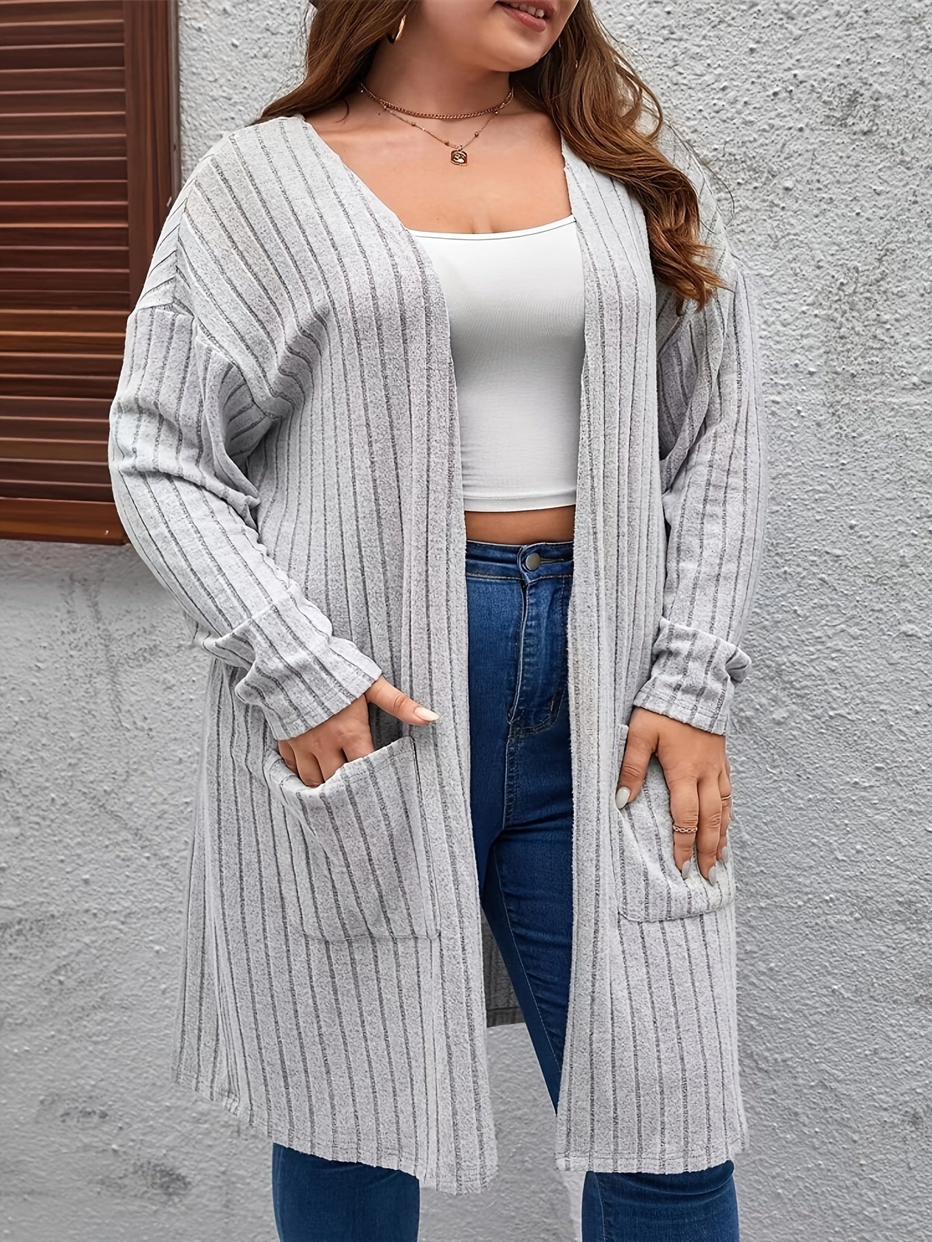 Solid Ribbed Long Sleeve Cardigan with Pockets