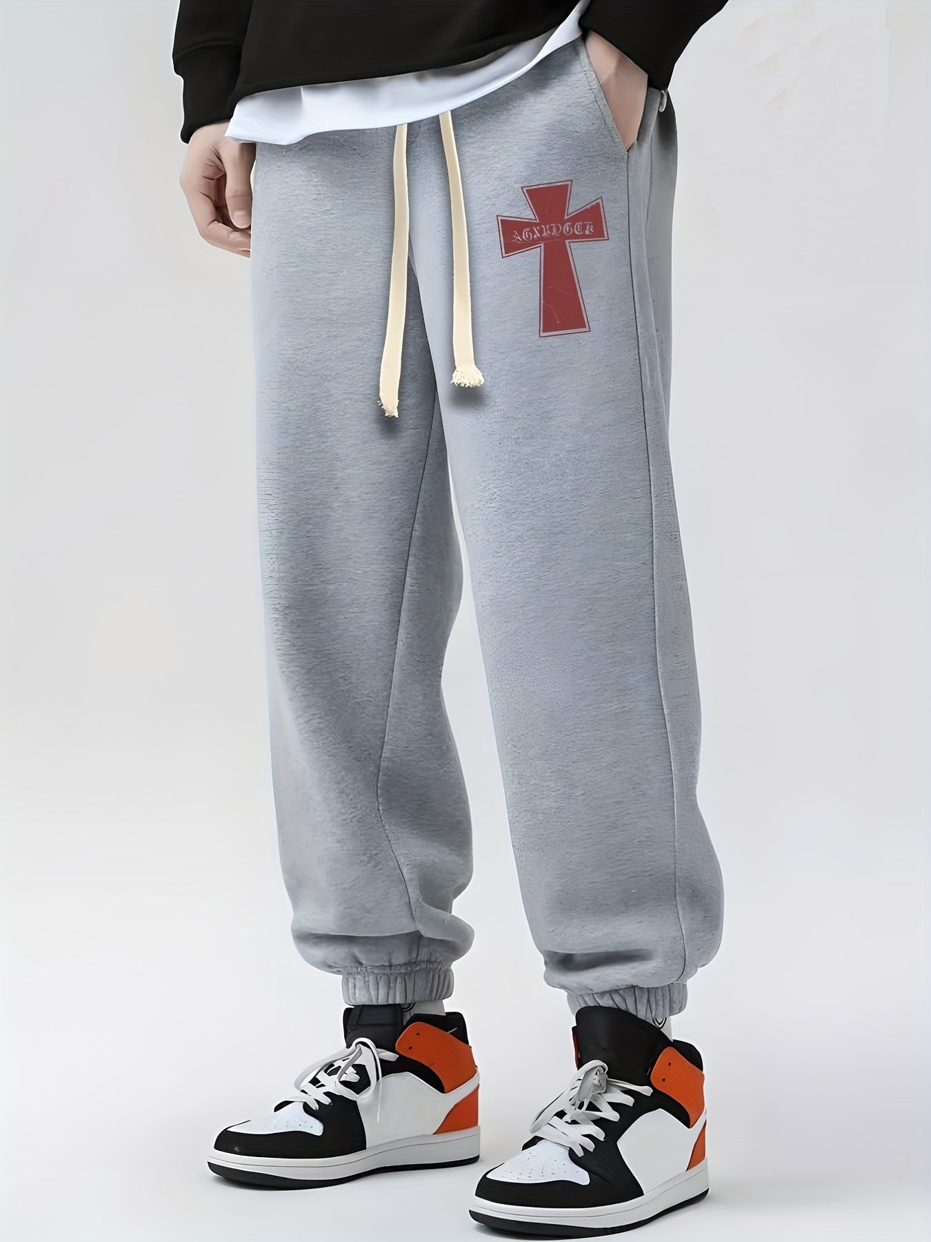 Gothic Cross Print Drawstring Sweatpants Men's Loose Fit Casual Joggers