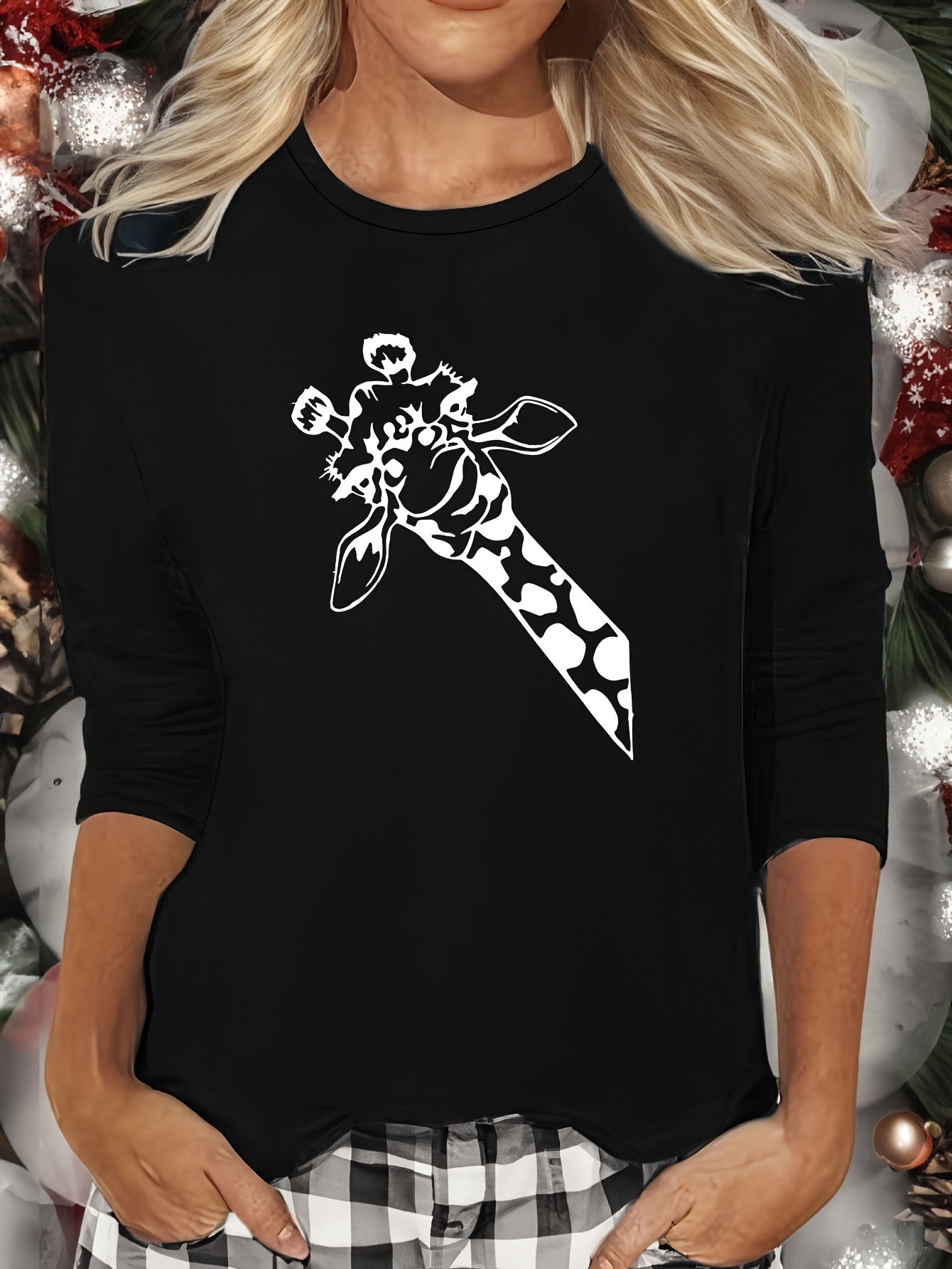 Giraffe Print Lounge Top Long Sleeve Crew Neck Women's Loungewear