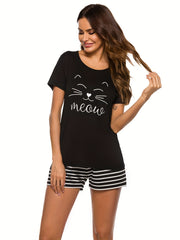 Cat Print Pajama Set Short Sleeve Top & Striped Shorts