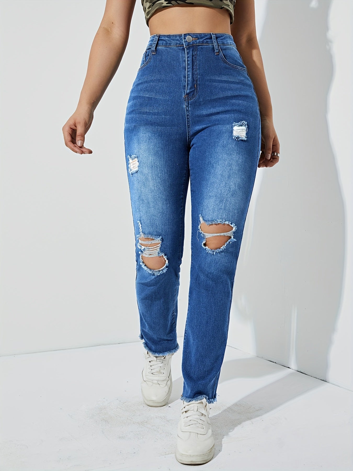 High Rise Ripped Knees Jeans High Waist Distressed Denim