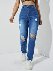 High Rise Ripped Knees Jeans High Waist Distressed Denim