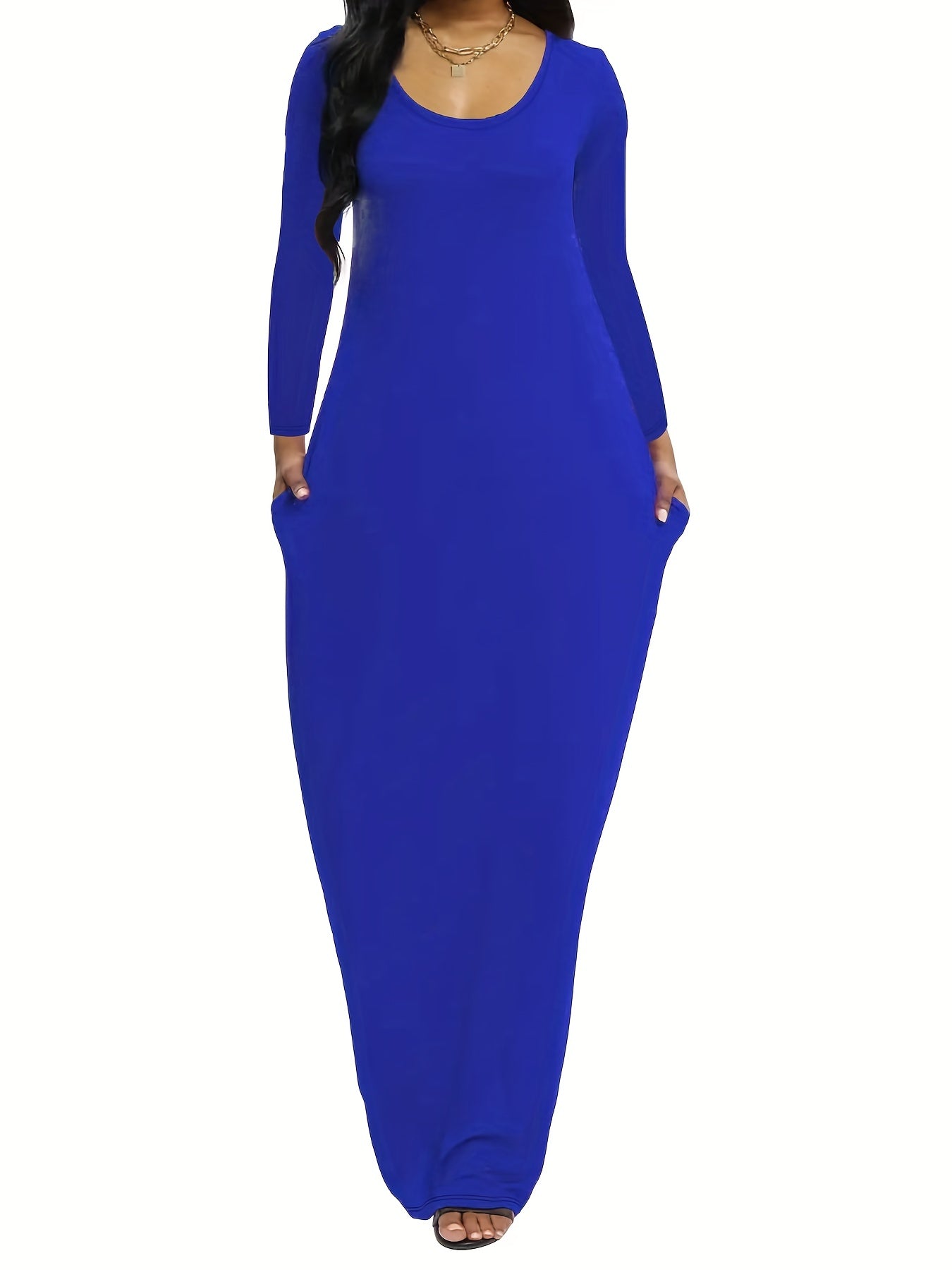 Solid Long Sleeve Maxi Dress With Pockets