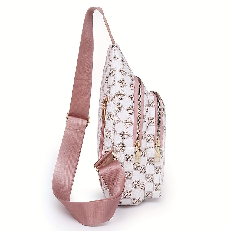Plaid Pattern Sling Bag Zipper Front Chest Purse PU Leather Crossbody Bag