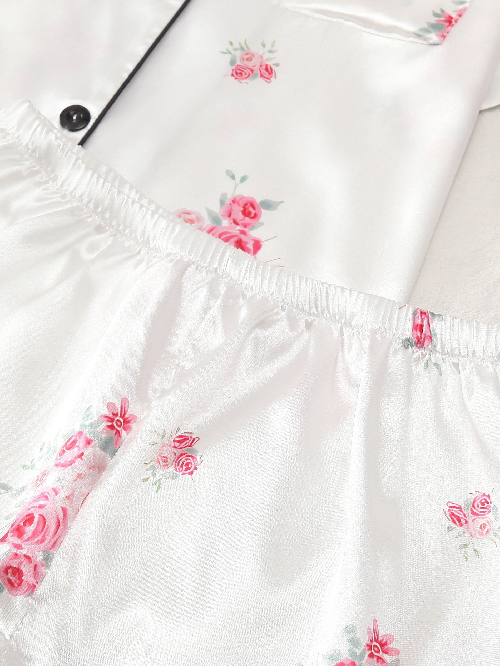 Floral Print Pajama Set Short Sleeve Top & Bow Shorts