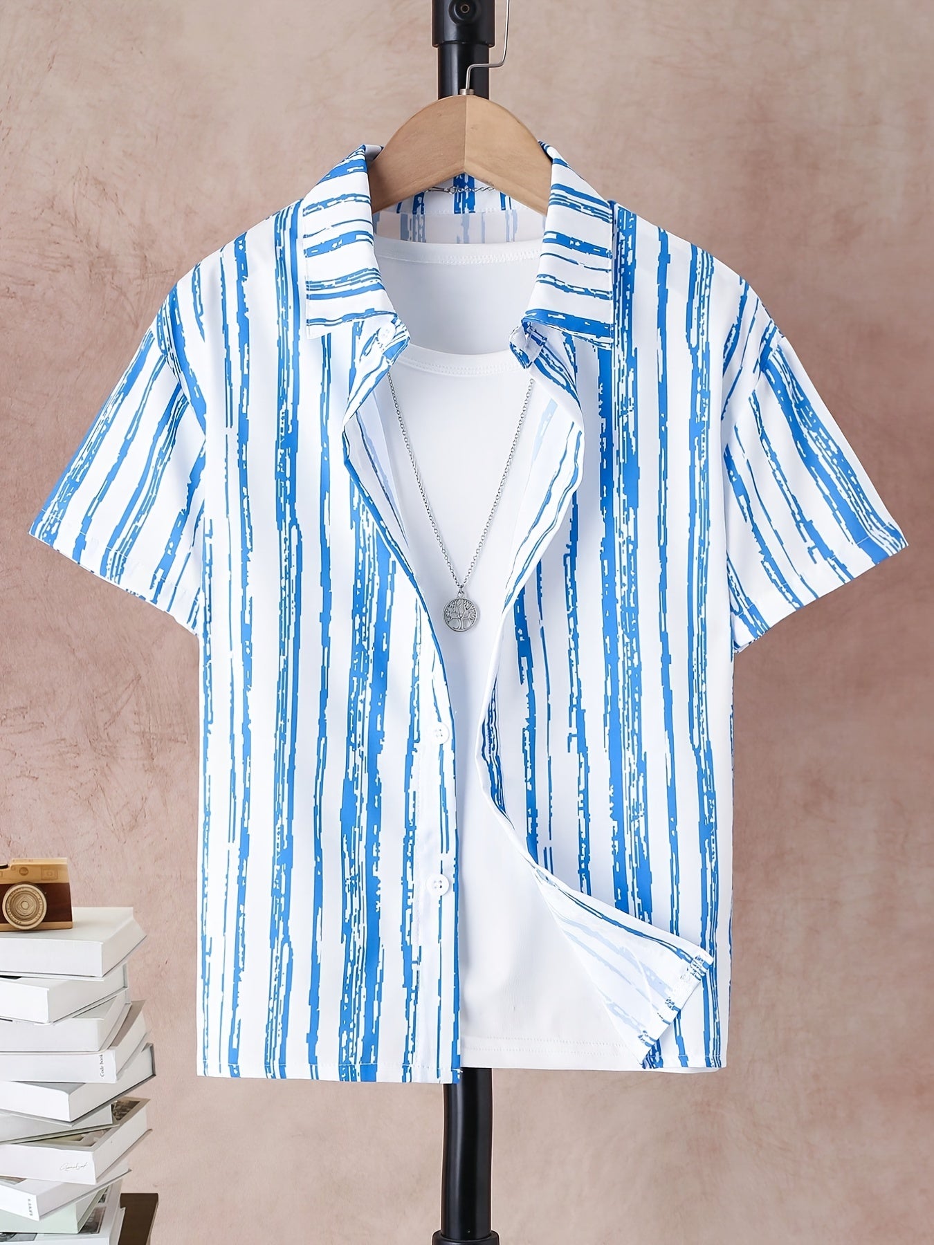 Hawaii Boys Striped Top Short Sleeve Lapel Shirt Outdoor