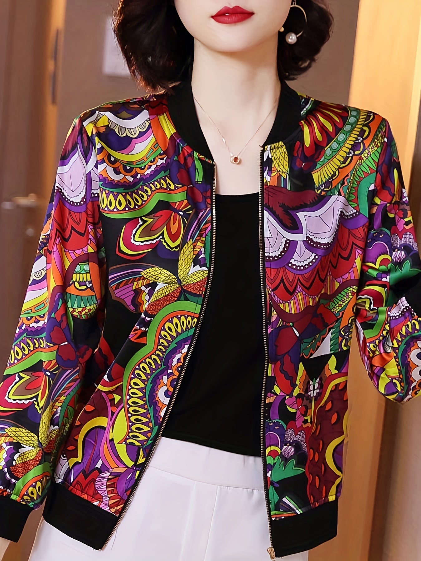 Solid Zip Up Jacket Baseball Neck Long Sleeve Outerwear