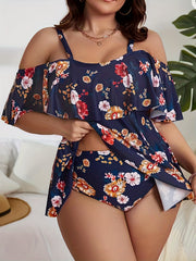 Floral Print Cold Shoulder Tankini Set