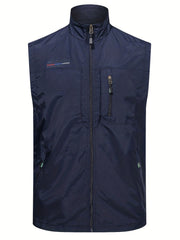 Men's Zipper Pockets Cargo Vest, Stand Collar Zip Up Vest