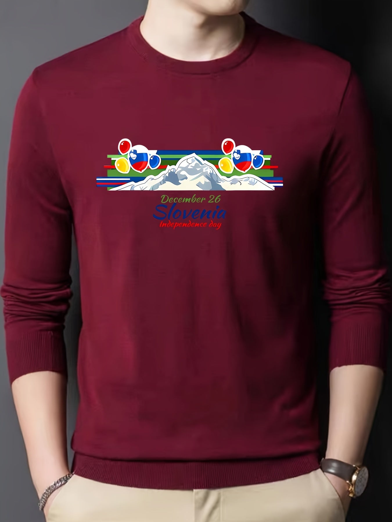 Mountain Print Men's Slim Fit Knitted Sweater Crew Neck Top