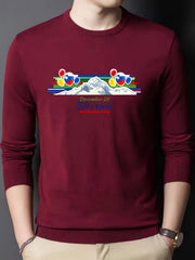 Mountain Print Men's Slim Fit Knitted Sweater Crew Neck Top