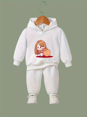 Girls Cartoon Girl Print Hooded Sweatshirt Top Sweatpants Set