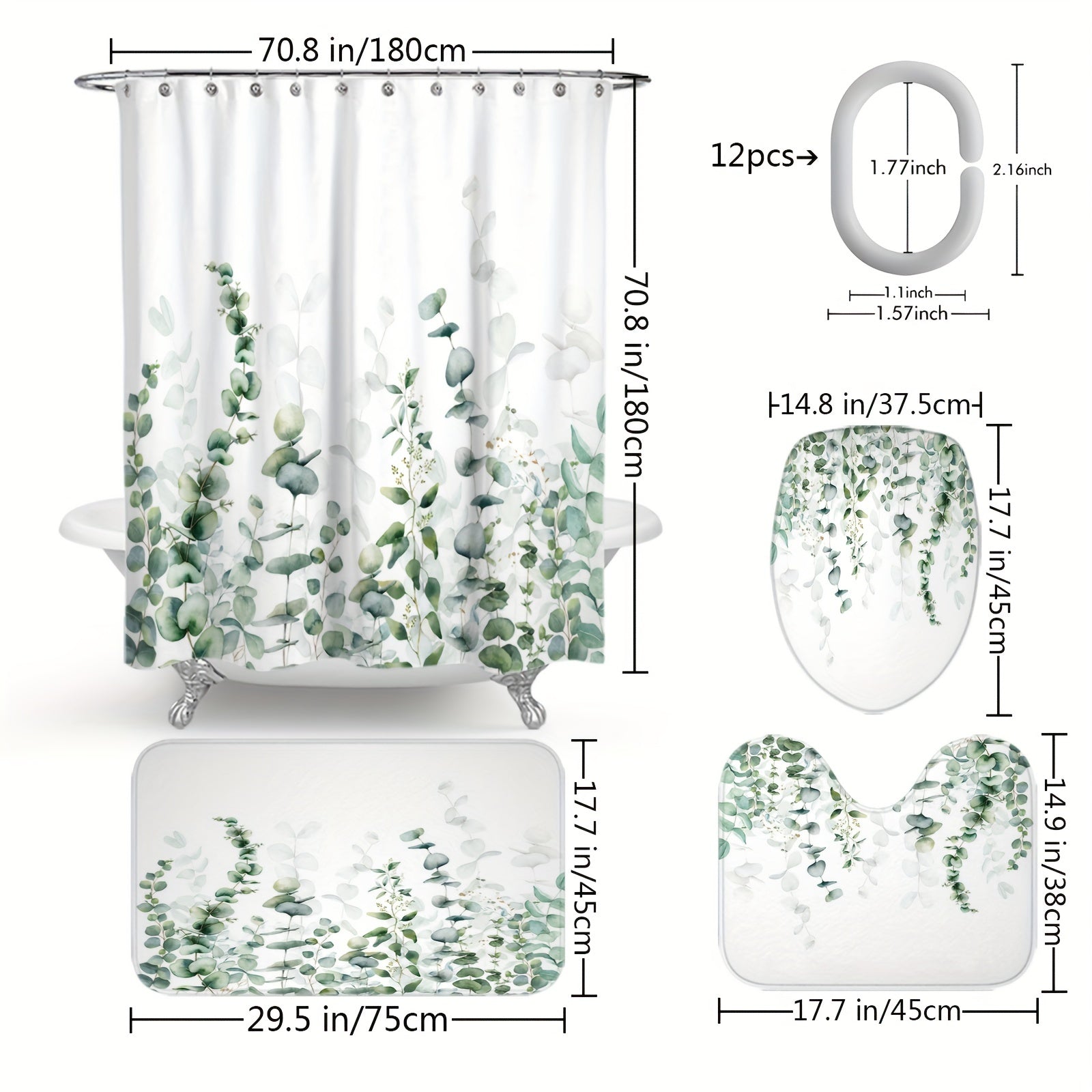 Watercolor Plant Shower Curtain Set Bathroom Decor 12 Hooks