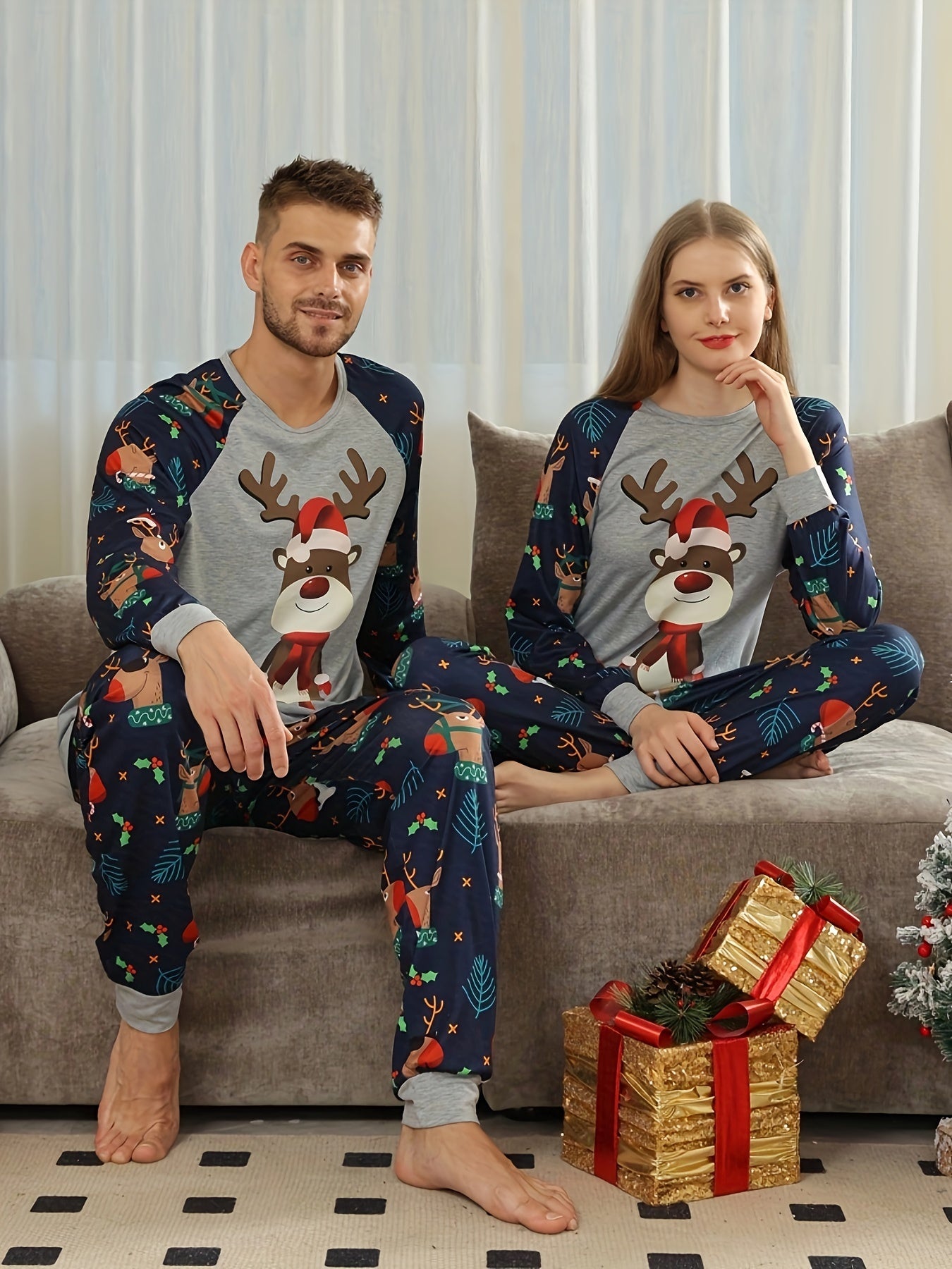 Christmas Elk Print Pajama Set Long Sleeve Top & Pants Women's Sleepwear