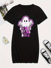 Women's Plus Ghost & Art Letter Print Short Sleeve Round Neck Tee Dress