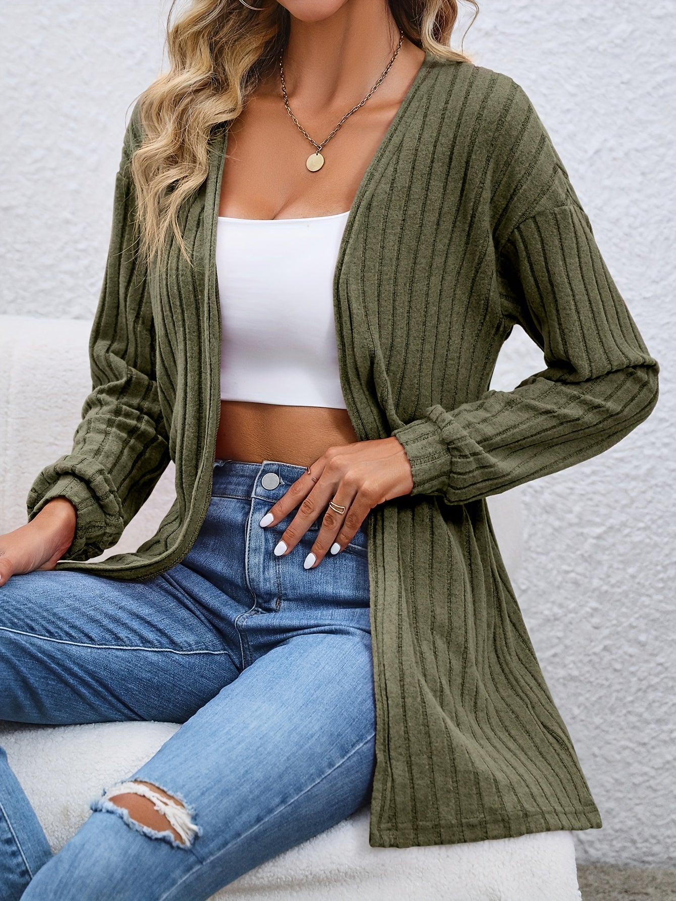 Solid Lantern Sleeve Cardigan Coat for Women