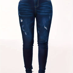 Plus Size Sexy Jeans Women's Plus Solid Ripped Button Fly High Rise Slim Fit
